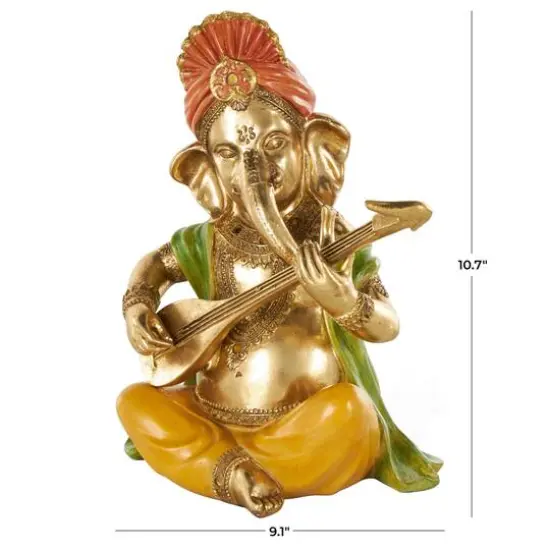 10.75" Gold Ganesh Musician Decorative Sculpture with Green, Yellow, and Red Accents {8}