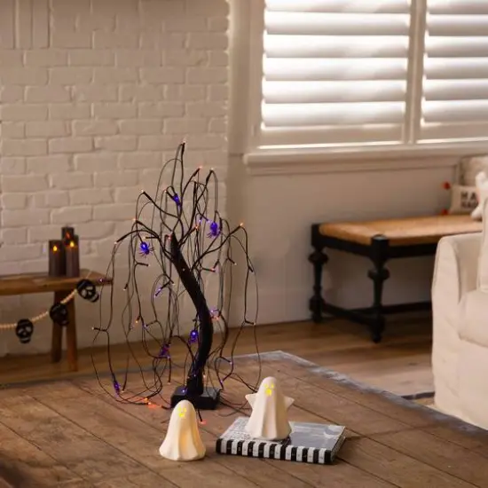 2ft. Pre-Lit Halloween Artificial Black Spooky Spider Willow Tree with 60 Orange & Purple LED Lights {10}