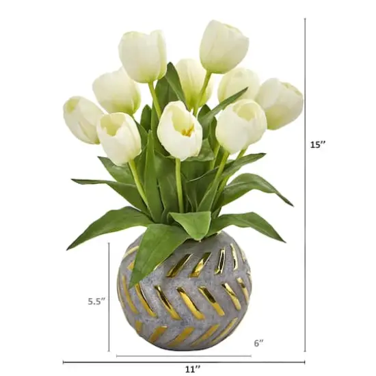 15" White Tulip Arrangement in Decorative Ceramic Vase {3}