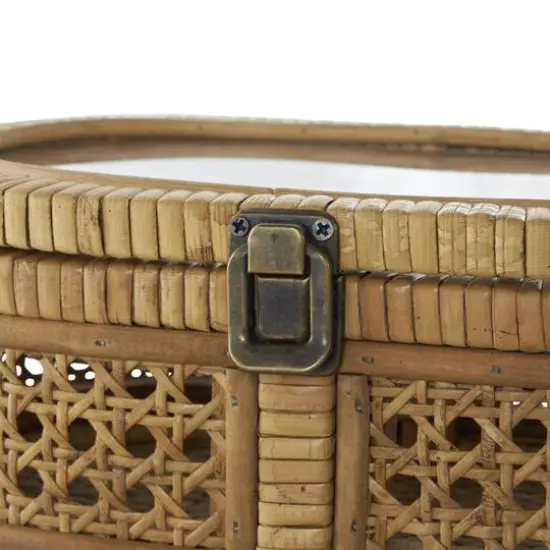 Brown Oval Rattan Storage Box Set with Pane Panels & Glass Tops {8}