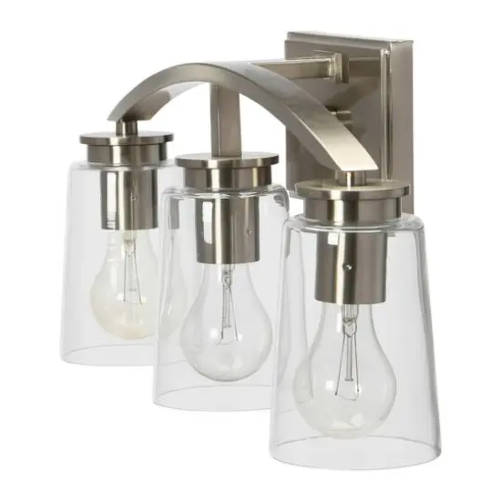 Hello Honey&reg; Robert Stevenson Lighting Laguna Metal & Clear Glass 3-Light Vanity Brushed Nickel {7}