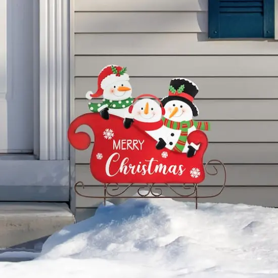 Glitzhome&reg; 24" Metal Snowmen Riding Sleigh Yard Stake {5}
