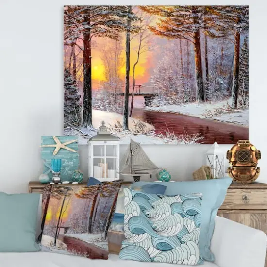 Designart Christmas Forest with River & Trees IV Traditional Canvas Wall Art {4}