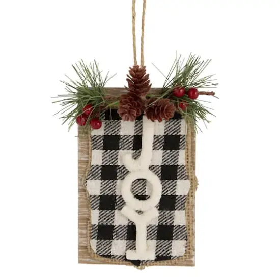 4.75" Black and White Buffalo Plaid Joy Pinecone Christmas Sign Ornament {1}