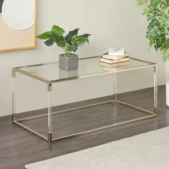 46" Silver Metal Minimalistic Open Framed Living Room Coffee Table with Clear Glass Top & Acrylic Legs {3}