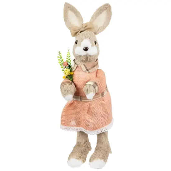 15.25" Beige Rustic Girl Rabbit Easter Figure with Flowers {1}