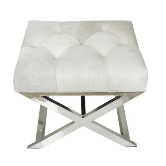 19" Light Gray Leather Geometric Tufted Stool with Metal Base {3}