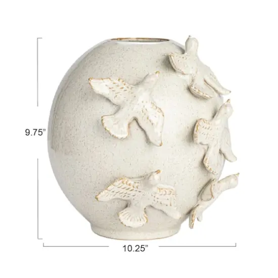 Hello Honey&reg; 10.25" Cream with Reactive Glaze Birds Stoneware Vase {4}