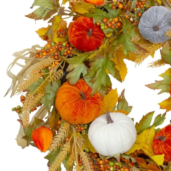 24" Velvet Pumpkins & Wheat Fall Harvest Wreath {4}