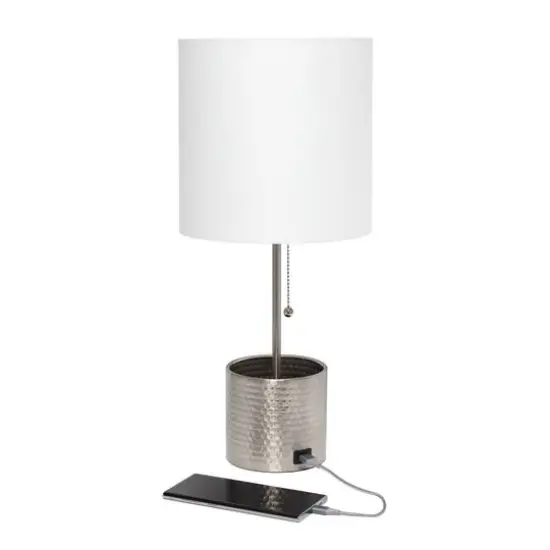 Simple Designs 18.5" Hammered Metal Container Base Table Lamp with USB Charging Port White/Brushed Nickel {7}
