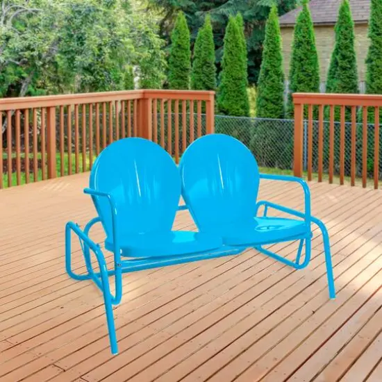2-Person Outdoor Retro Metal Tulip Double Glider Patio Chair Turquoise Blue {3}