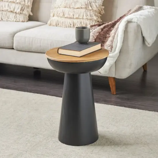 21" Black Metal Pedestal Accent Table with Brown Wood Tabletop {3}