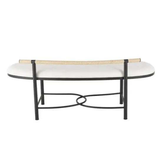 60.25" White Fabric Abstract Upholstered Oval Home Bench with Black Metal Frame & Rope Rod Backrest {7}