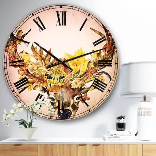 Designart Roe Deer with Flowers Traditional Wall Clock {3}