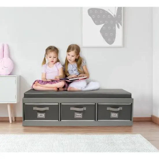 Badger Basket Kid's Cushioned Storage Bench With Three Bins Gray {4}