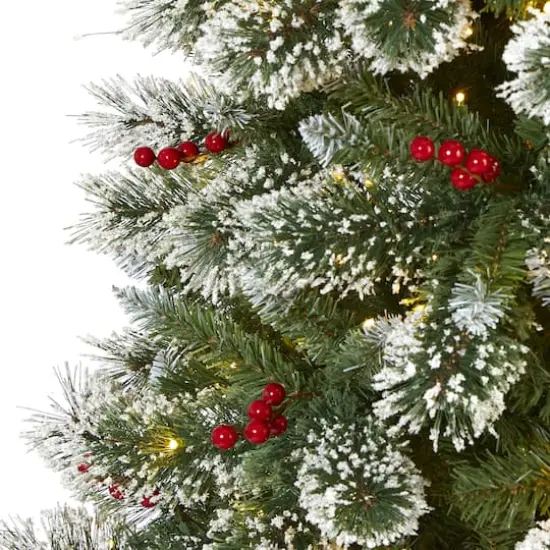 8ft. Pre-Lit Frosted Swiss Pine & Berries Artificial Christmas Tree with Clear LED Lights {4}