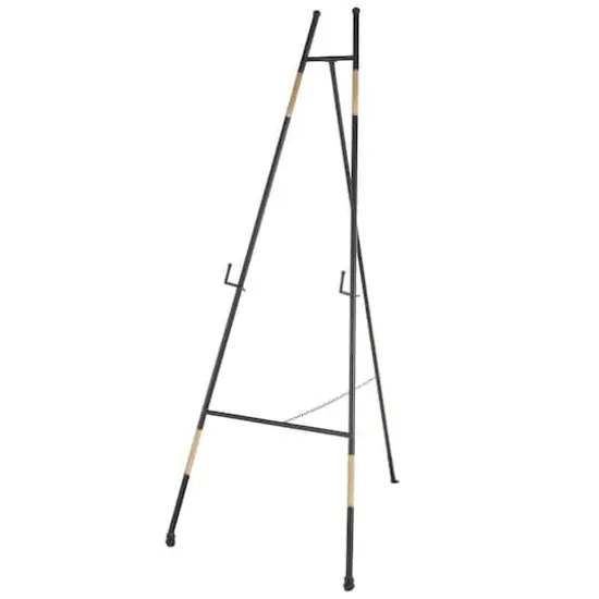 53.5" Black Metal Slim Foldable 2-Tier Easel with Wrapped Rattan Accents {1}