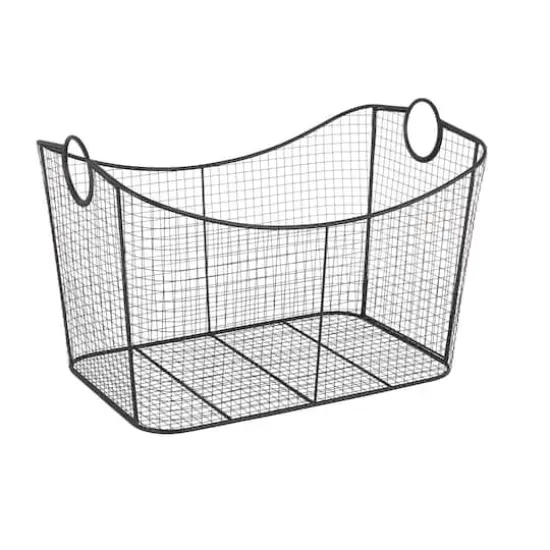 30.25" Black Metal Open Frame Wire Grid Storage Basket with Curved Sides & Ring Handles {5}