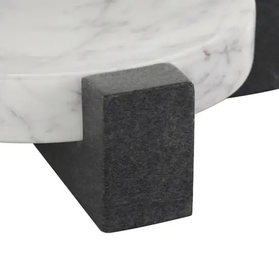 8.25" White Marble Round Tray with Black X-Shaped Base {5}