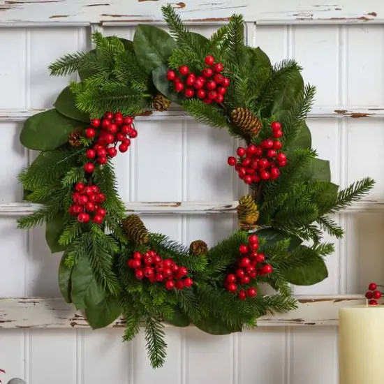 24" Magnolia Leaf, Berry & Pine Artificial Wreath {6}