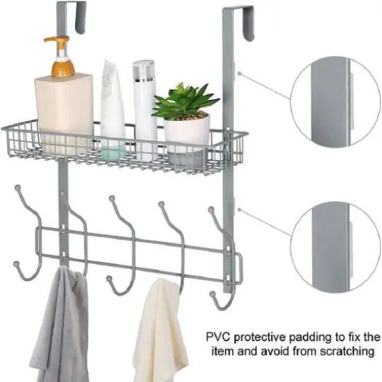 17" Over the Door Hook Hanger with Mesh Basket Silver {5}
