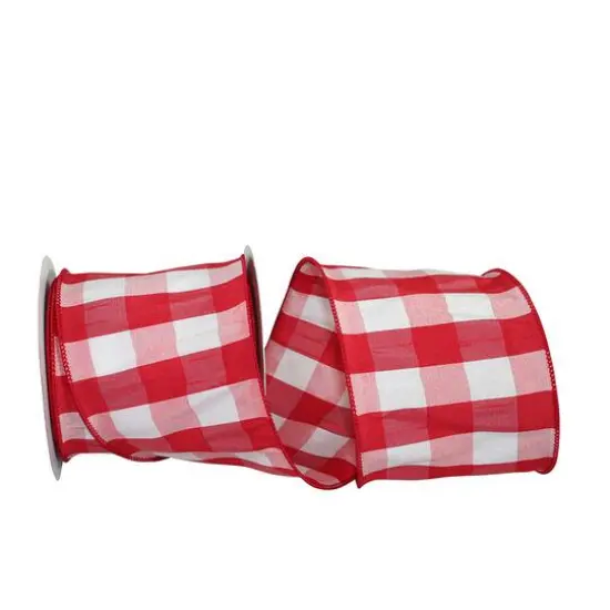 Reliant 4" x 10yd. Red & White Dupioni Buffalo Plaid Wired Ribbon {1}