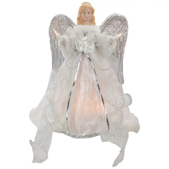 12" Lighted Silver & White Angel with Wings Christmas Tree Topper, Clear Lights {1}