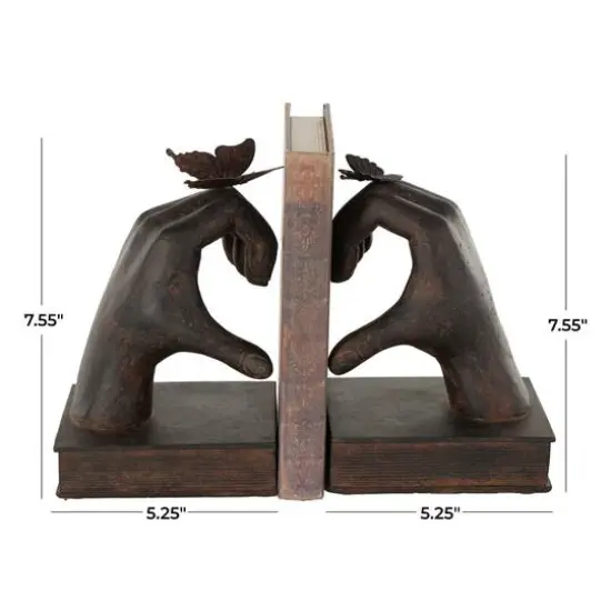 7.5" Dark Brown Hands Heart Inspired Decorative Bookend Set with Butterfly & Copper Accents {8}