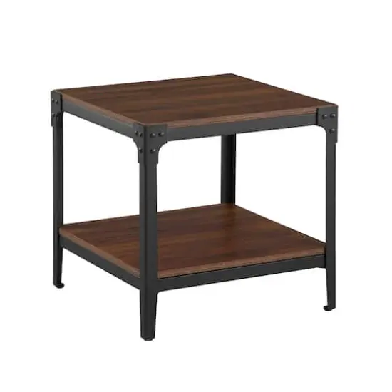 Walker Edison Dark Walnut Angle Iron Rustic Wood Side Table Set {1}