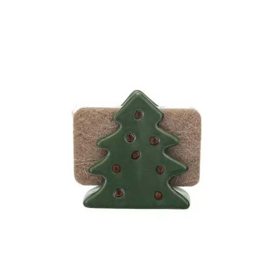 Hello Honey&reg; 4" Green & Brown Stoneware Christmas Tree Shaped Sponge Holders with Sponge & Reactive Glaze, 2ct. {1}