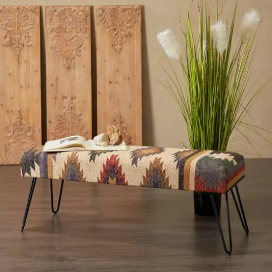 47" Multicolored Metal Tribal Bench with Metal Hairpin Legs {7}