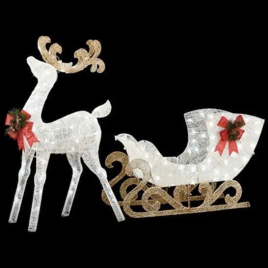 48" White Sisal Reindeer Pulling Sleigh with 140 Cool White LED Lights {7}