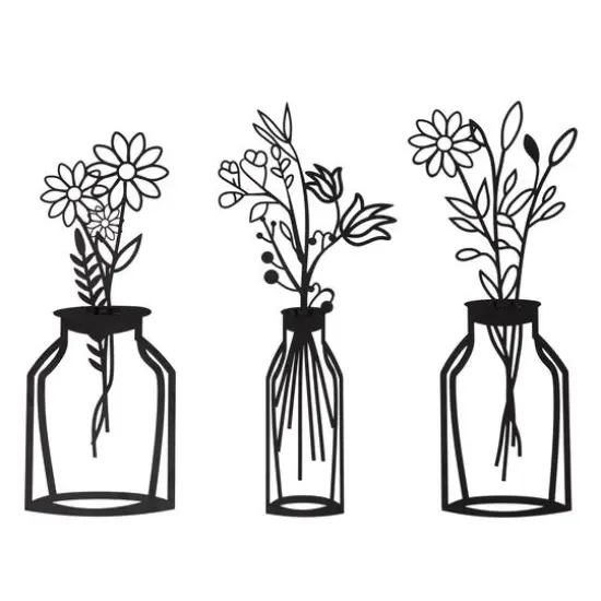 Habitat Decor 28" Wazon Black Botanical Vases Metal Wall Art Set {6}