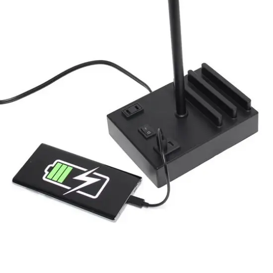 Simple Designs 15.3" Table Lamp with 2 USB Ports & Charging Outlet Black Base/Beige Shade {10}