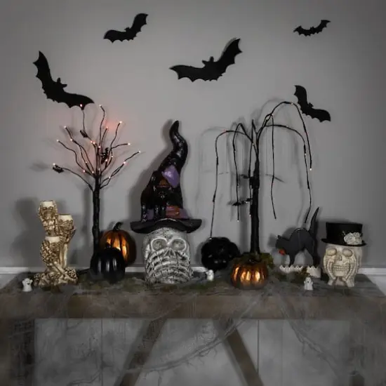 22.75" Skull in Witch Hat with Black Cat Halloween Decoration {4}