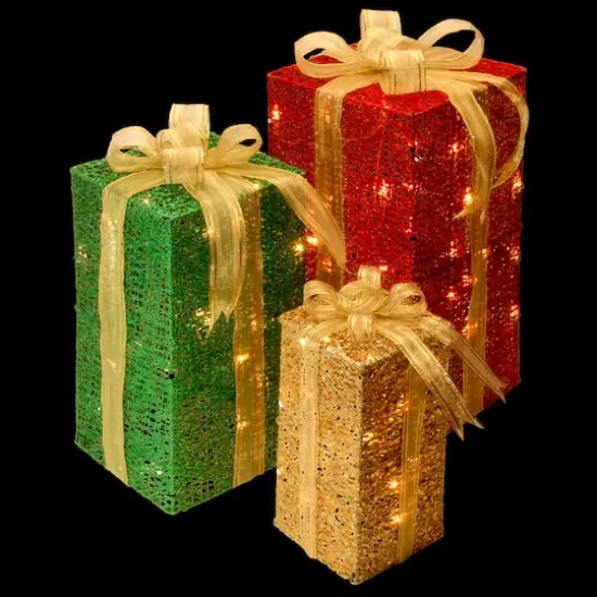 Set of 3 Sisal Gift Box, Clear Mini Lights {4}