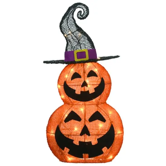 19" Orange LED Stacked Pumpkins with Witch Hat Halloween Decor {1}