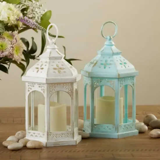LED Blue Hexagon Distressed Lantern Set {6}