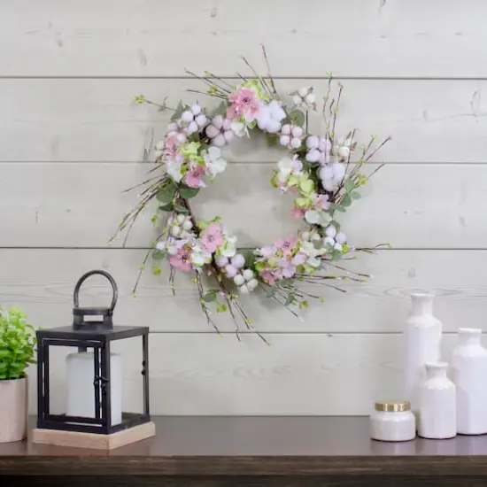 18'' Pink & Green Hydrangeas w/ Cotton Artificial Wreath {3}