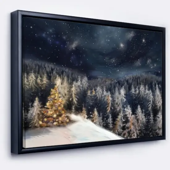 Designart - Night Forest Christmas Tree - Landscape Framed Canvas Art Print Black {1}