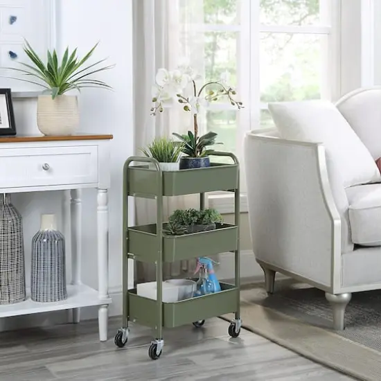 SunnyPoint Compact 3-Tier Metal Rolling Cart Army Green {4}