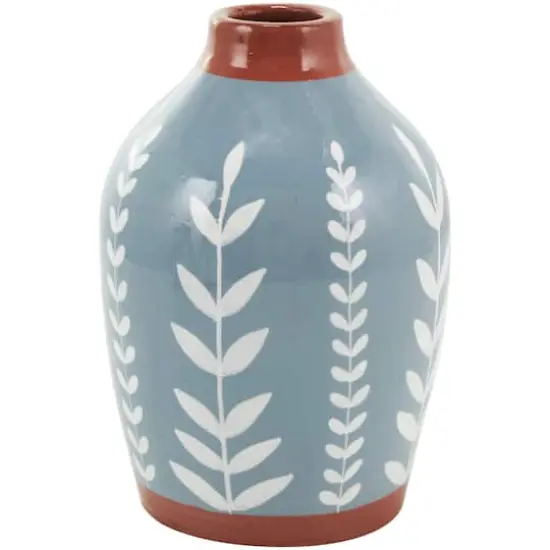 9" Blue Ceramic Floral Vase with Terracotta & White Detailing Set {4}
