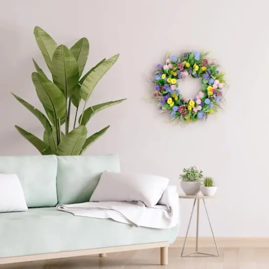 24" Pink, Blue & Yellow Spring Echinops & Chrysanthemum Floral Wreath {5}