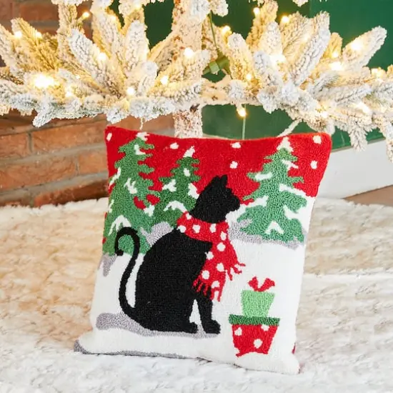 Glitzhome&reg; Hooked Christmas Cat Throw Pillow {3}