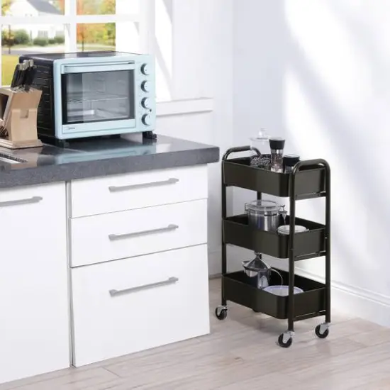 SunnyPoint Compact 3-Tier Metal Rolling Cart Black {3}