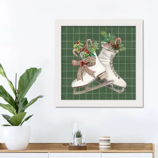 Green Christmas Ice Skates White Framed Canvas Wall Art {3}