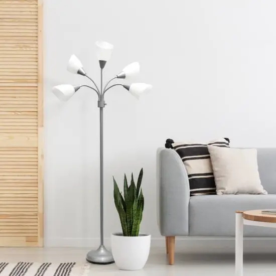 Simple Designs&trade; 5.6ft. 5-Light Gooseneck Silver Floor Lamp White Shades {6}