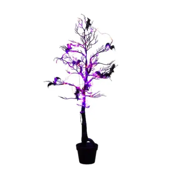 4ft. Pre-Lit Artificial Halloween Black Spooky Twig Tree with Bats and 120 Orange & Purple LED Lights {4}