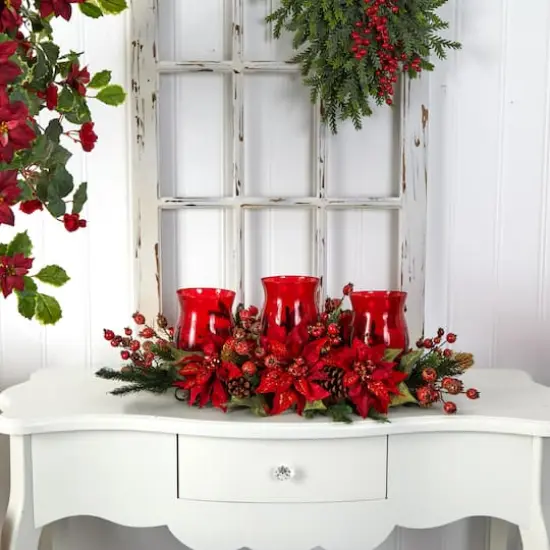 Poinsettia & Berry Triple Candelabrum Artificial Arrangement {4}