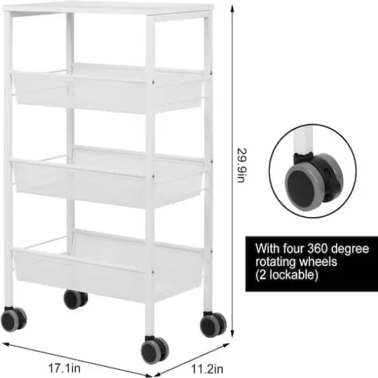 White 3-Tier Kitchen Storage Rolling Utility Cart with Wood Top {3}